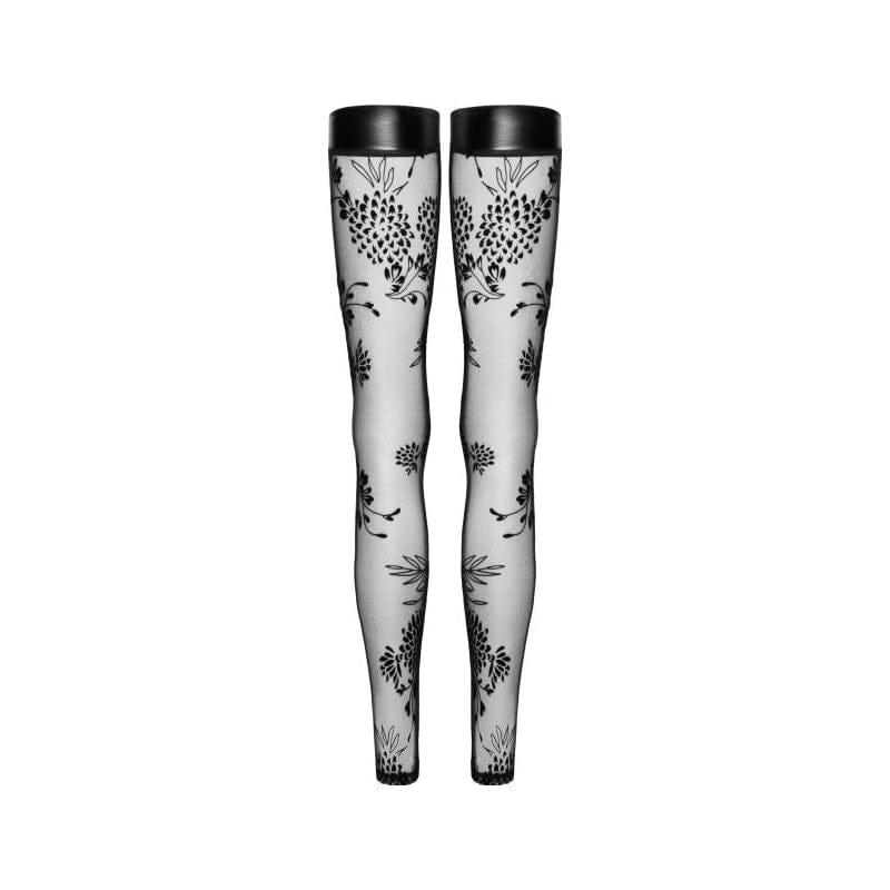 Tulle Stockings w Patterned Flock Embroidery & Power Wetlook Band Hosiery