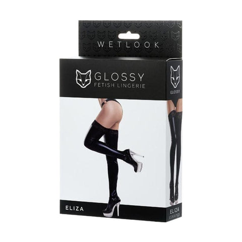 Glossy Wetlook Stockings w Lace Insert Eliza One Size Hosiery