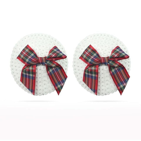 Reusable Sequin Round Nipple Pasties with Tartan Bow for Intimate Moments Pasties