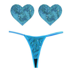 Neva Nude Adult Toys Blue / One Size Mahi Mahi Blue Sequin G-String & Heart Pastie Set