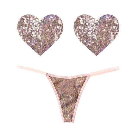 Bubbly Feels Nude Sequin Pantie and Heart Pastie Set for Adult Fun Pasties