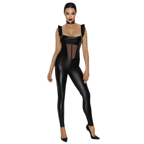 Power Wetlook Overall with Tulle Panel for Striking Style Lingerie