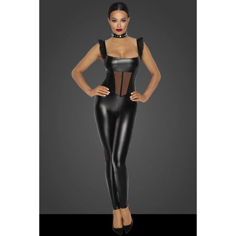 Power Wetlook Overall with Tulle Panel for Striking Style Lingerie