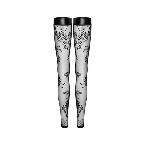 Tulle Stockings w Patterned Flock Embroidery & Power Wetlook Band Hosiery