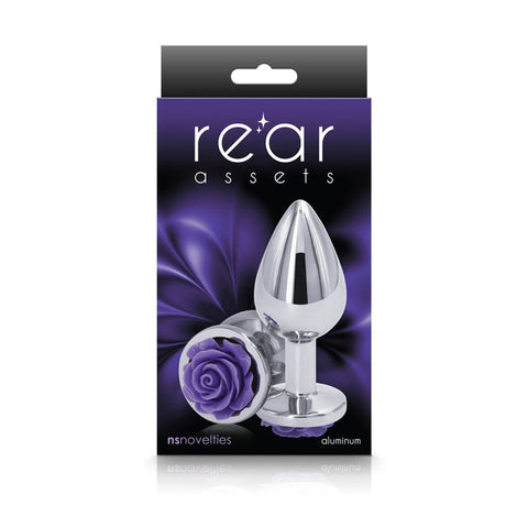 Rear Assets Rose Medium 8.9 cm Metal Butt Plug with Purple Base Butt Plugs