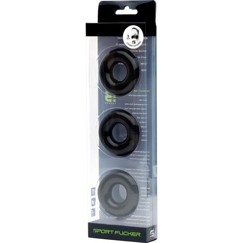 Sport Fucker Rubber Cockring 3 Pk Black - Stretchable Size COCK RINGS